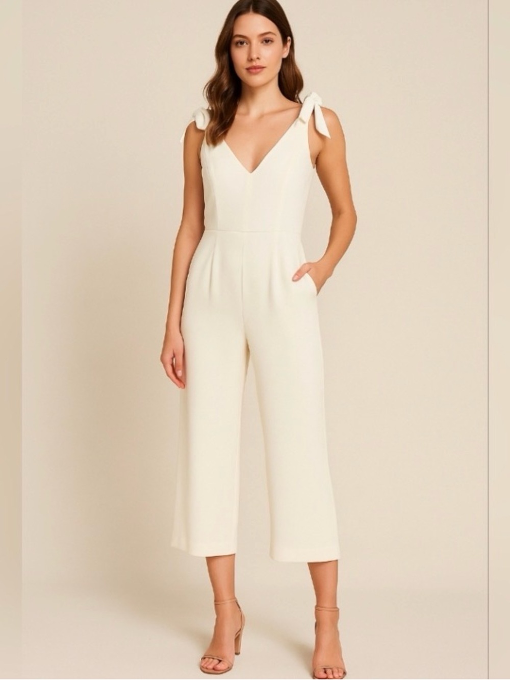 Amanda Uprichard Ivory Tie-Shoulder Wide Leg Jumpsuit – Size XS